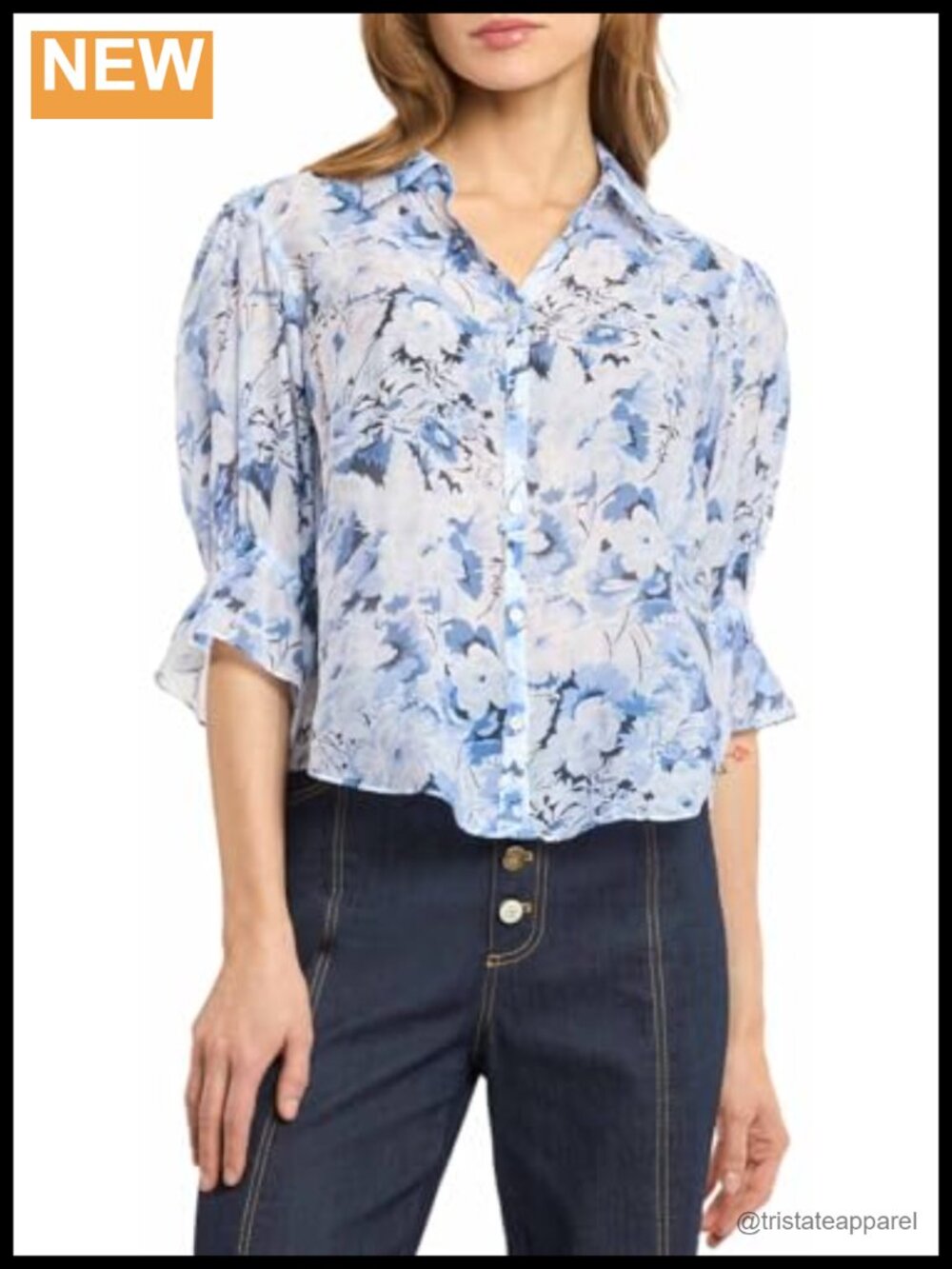 Women's Cotton Voile Floral Puff Sleeve Button Front Collared Blouse